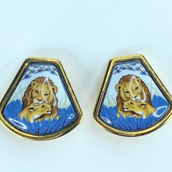 Vintage Hermès Boucles d'oreilles Emile Lion Email ceramic earrings GS316 - Picture 2 of 7